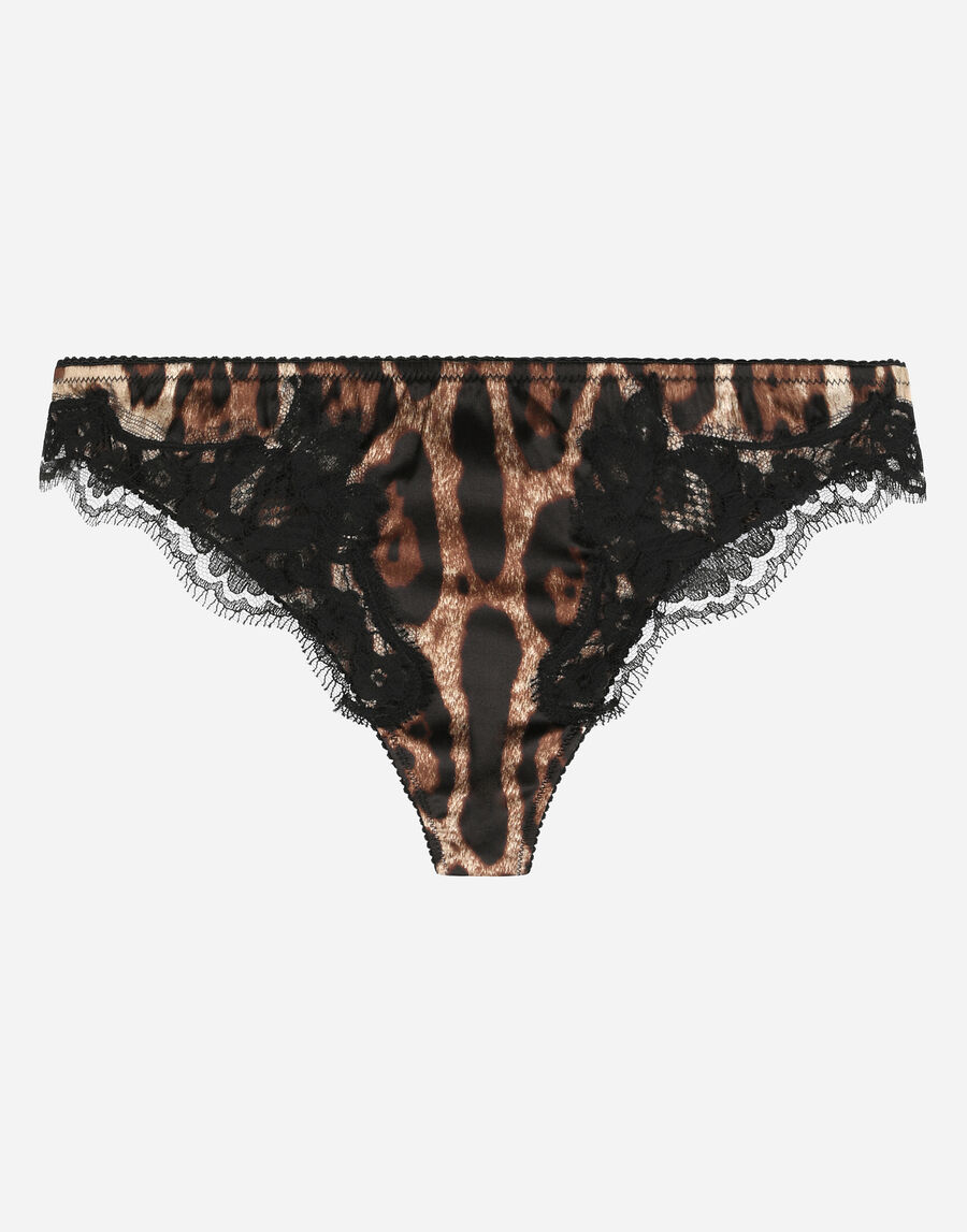 Leopard-print satin thong with lace detailing