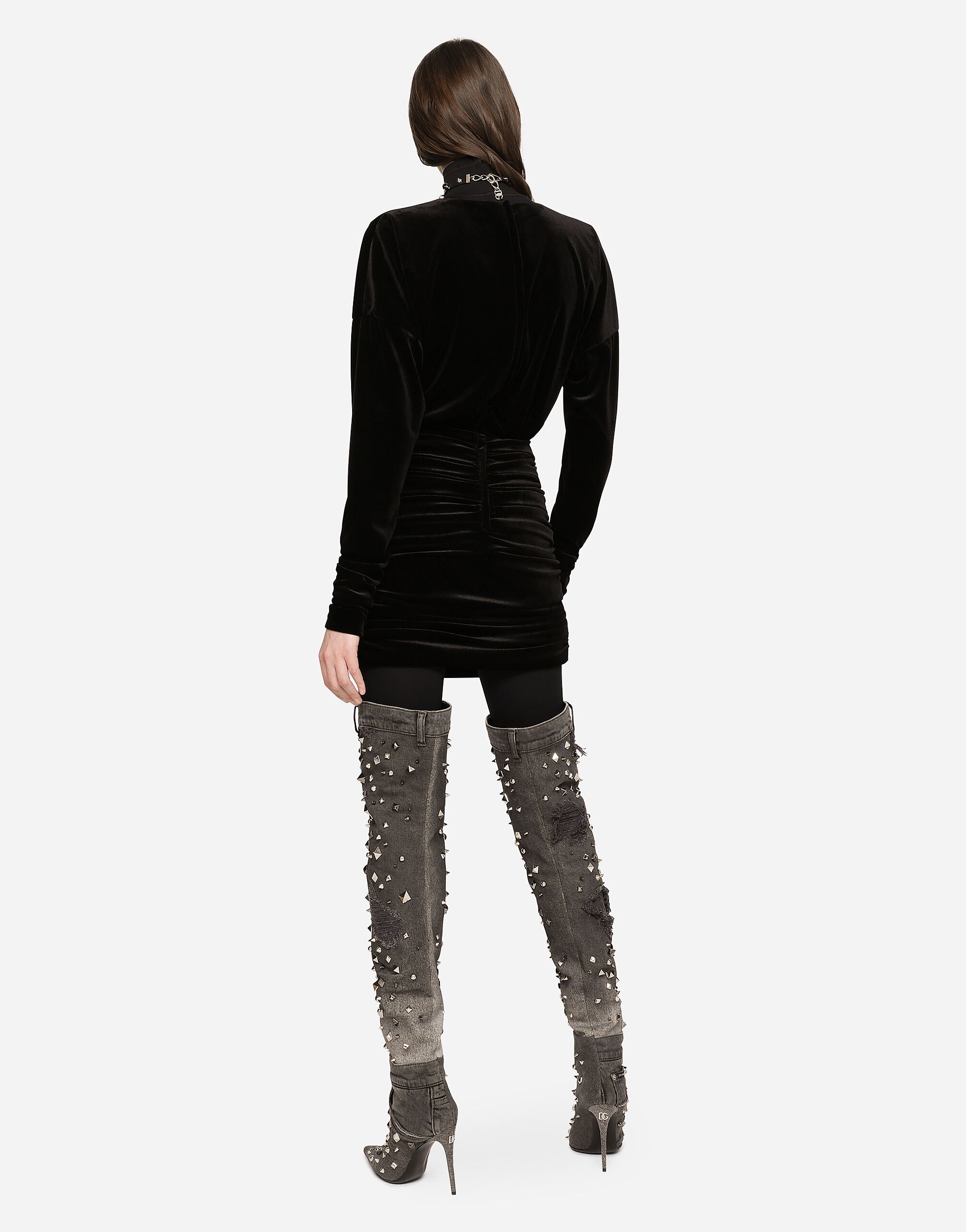 Short draped velvet dress with DG logo in Black for Women