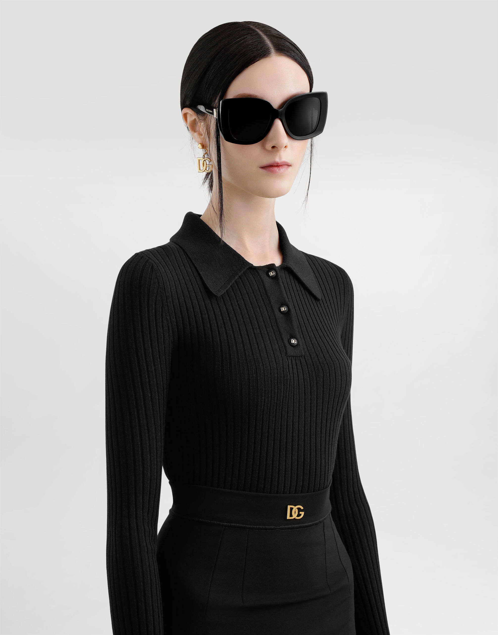 Ribbed wool polo-style sweater in Black for Women | Dolce&Gabbana®