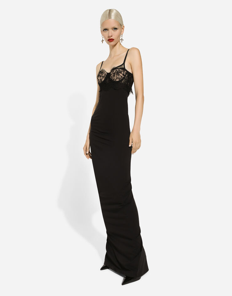 Dolce & Gabbana Langes Jerseykleid aus Milano Ripp mit Bustier Schwarz F6DBUTFUGPO