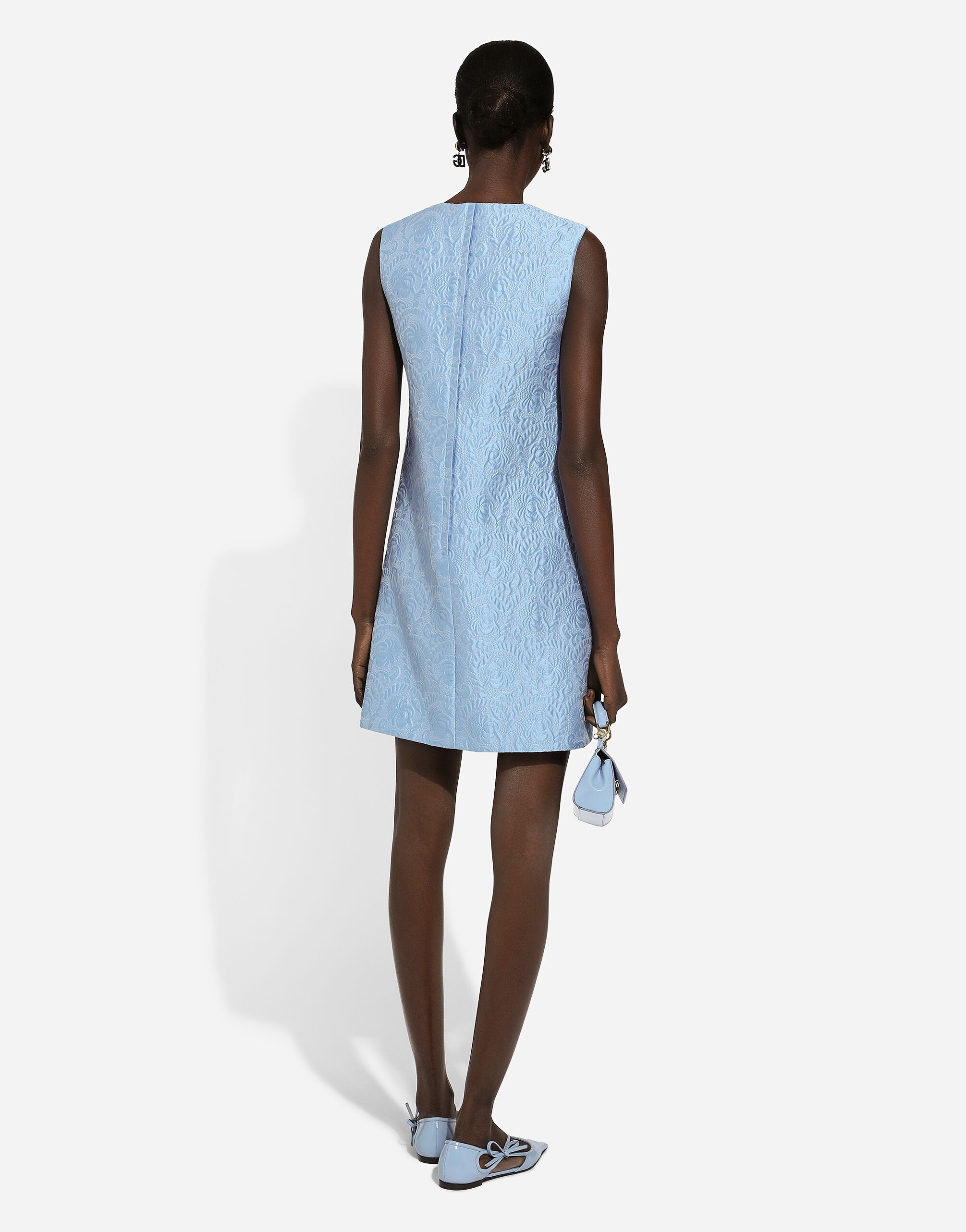 Short floral quilted jacquard A-line dress in Azure for