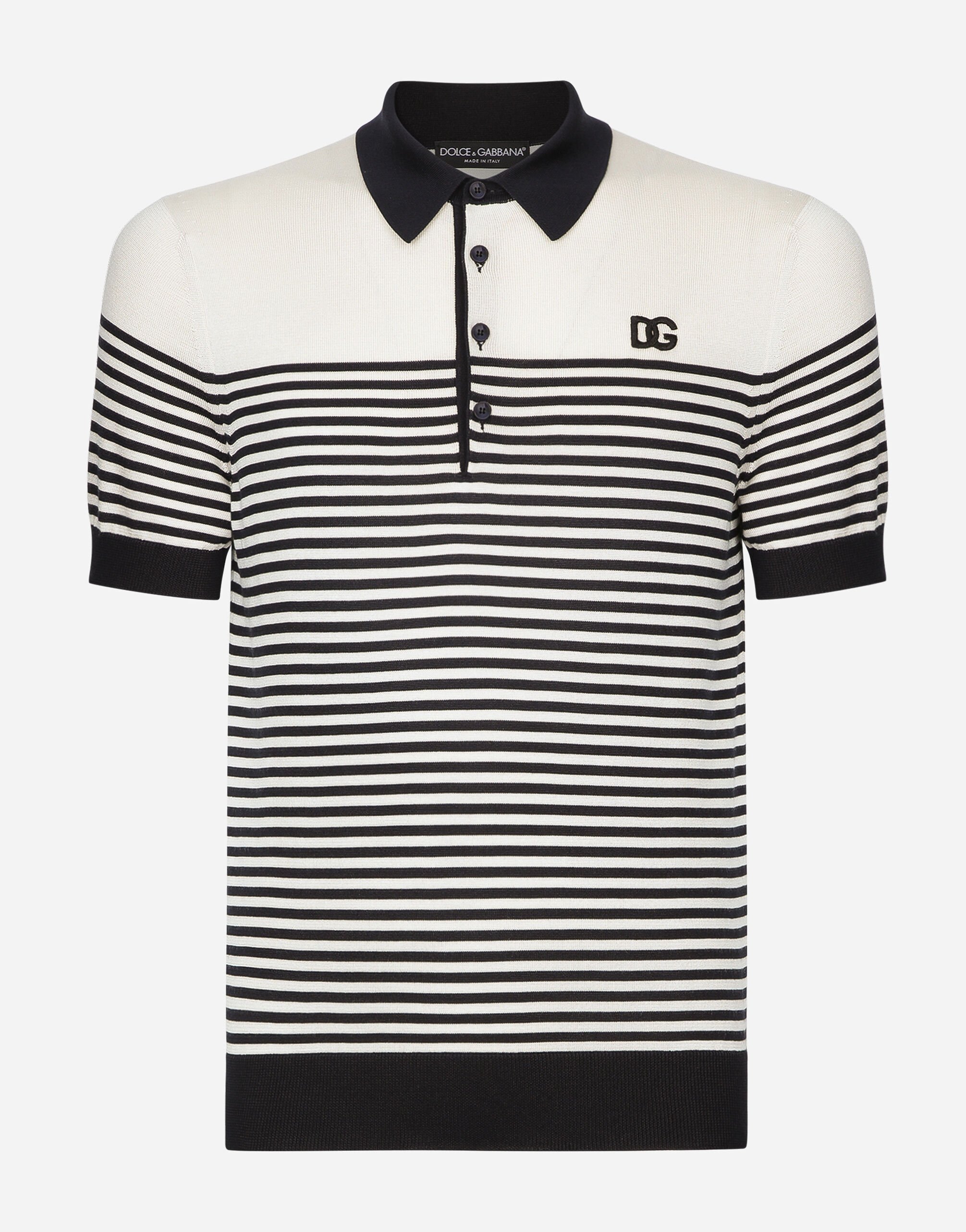 Dolce & Gabbana Striped silk polo-shirt with DG patch Brown GXZ04TJBSG0