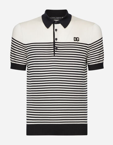 Dolce & Gabbana Striped silk polo-shirt with DG patch White G2QS6TFR4A4