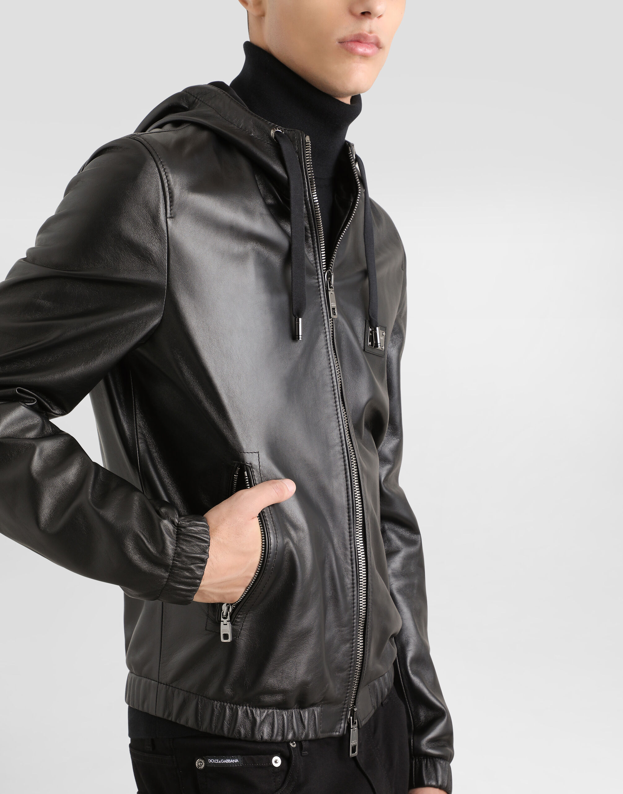 Leather jacket with hood and branded tag in Black for Men