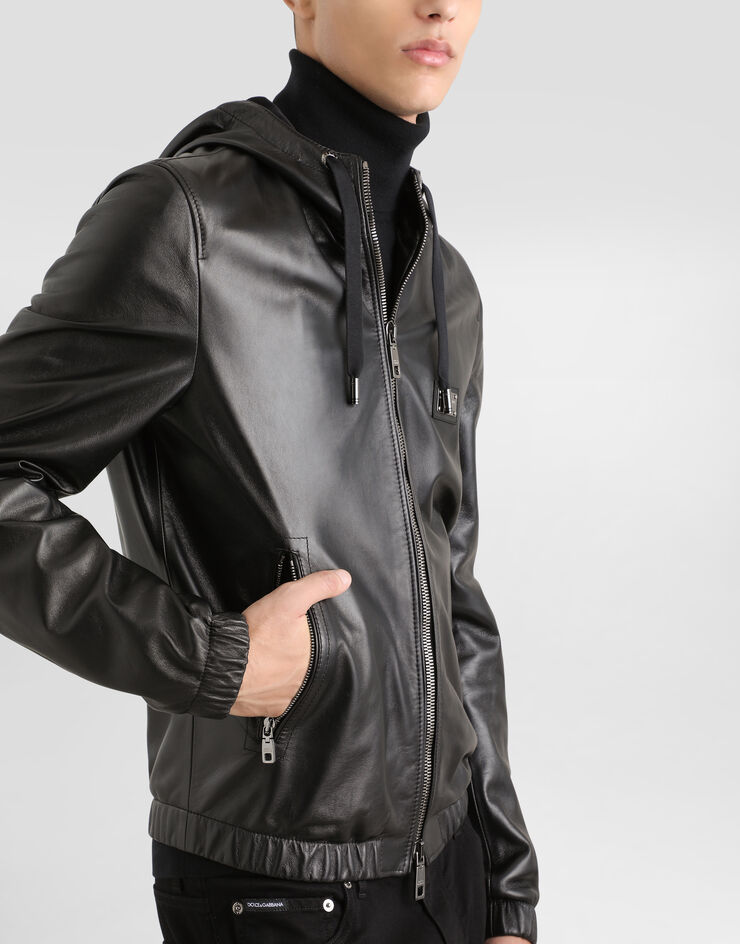 Dolce & Gabbana Leather jacket with hood and branded tag Black G9ZY6LHULR0