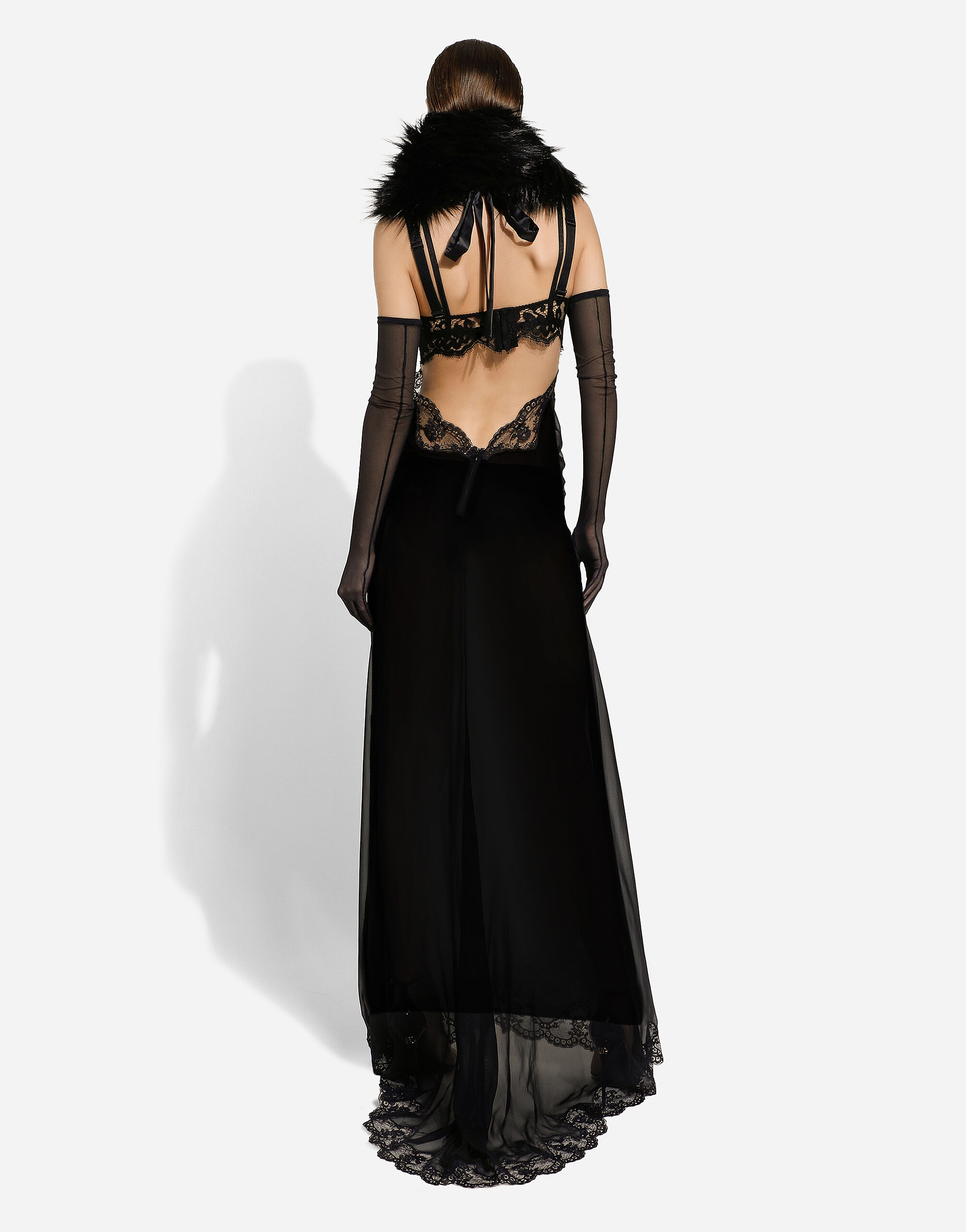 Long silk chiffon dress with lace body in Black for Women