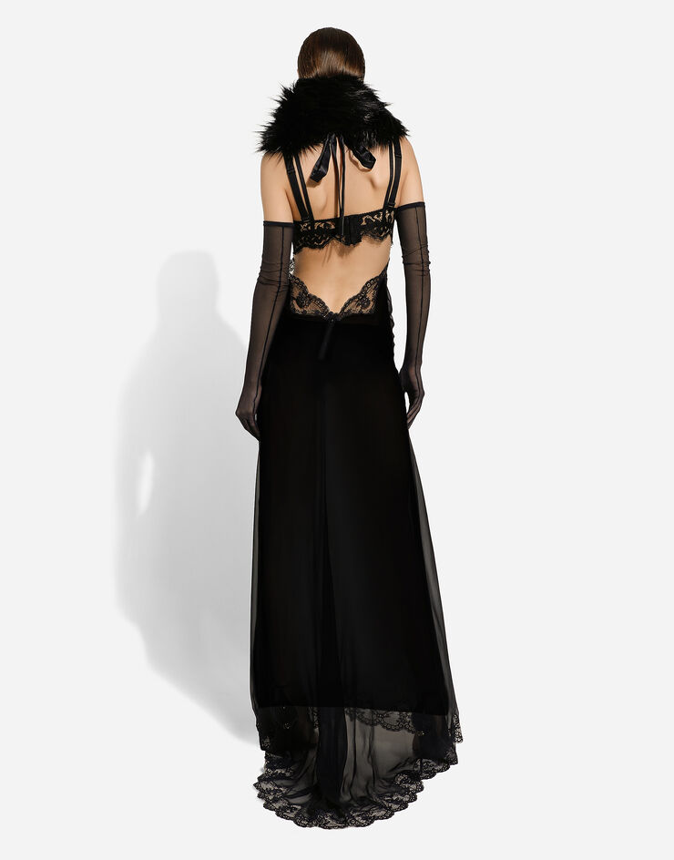 Dolce&Gabbana Long silk chiffon dress with lace body Nero F6DKITFU1AT