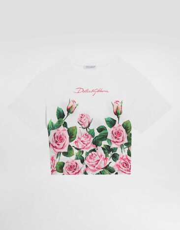 Dolce & Gabbana Jersey T-shirt with rose print White L5JTNKG7O9K