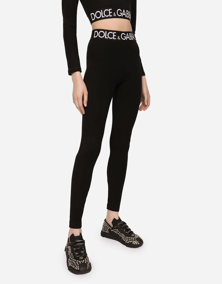 Jersey leggings with branded elastic in Black for