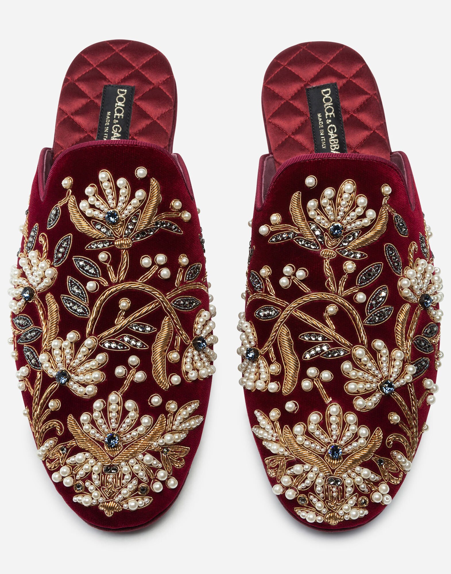 Velvet slippers with floral embroidery in BURGUNDY for Men Dolce Gabbana