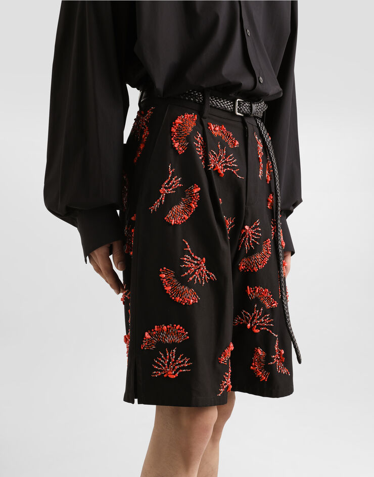 Dolce & Gabbana Bermudas de sarga de algodón con bordado de corales Negro GP10FZFU6X8
