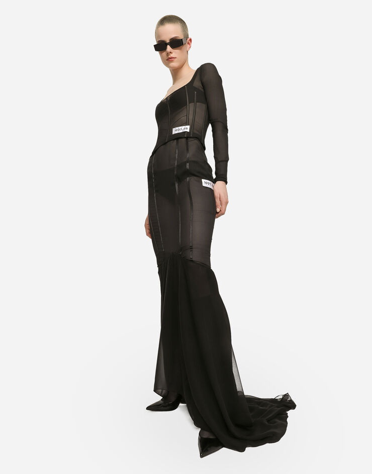 Dolce & Gabbana Long silk skirt with mermaid ruffle Black F4CL4TFUAA1