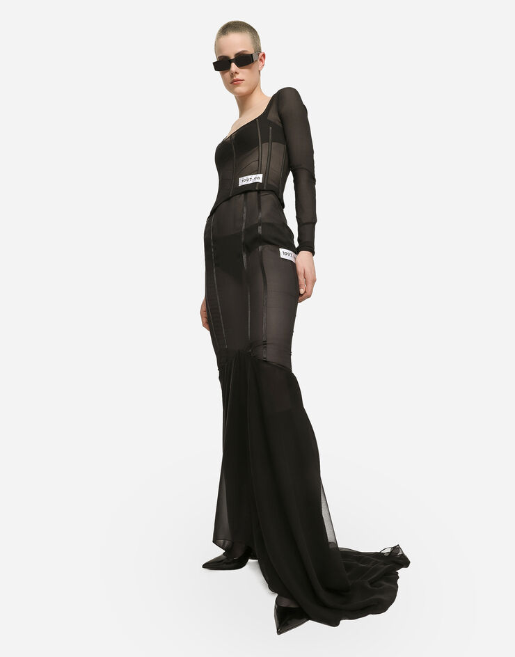 Dolce & Gabbana Langer Rock mit Mermaid-Volant aus Seide Schwarz F4CL4TFUAA1