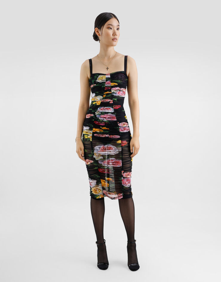 Dolce & Gabbana Tulle calf-length slip dress with draping and peony and rose print Print F6FAKTFSUBI