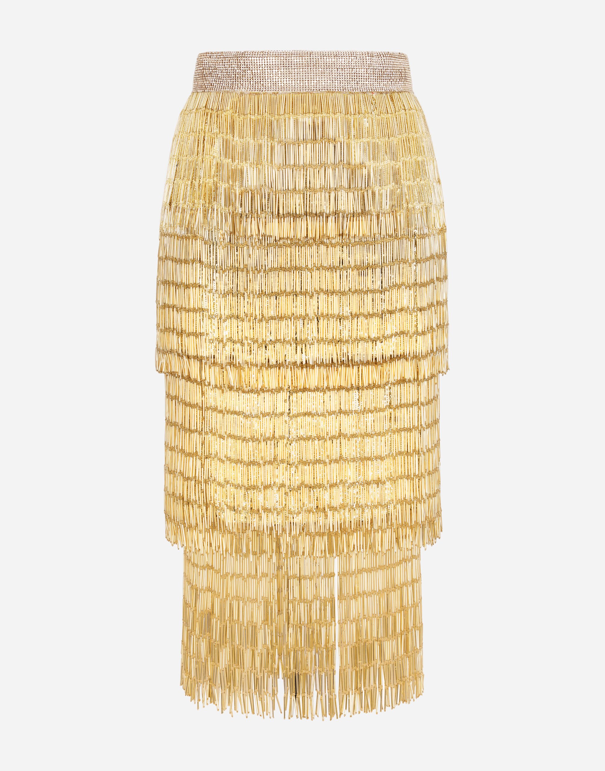 Dolce & Gabbana Lace midi skirt with sequined fringing Gold F6DFCTFLMII