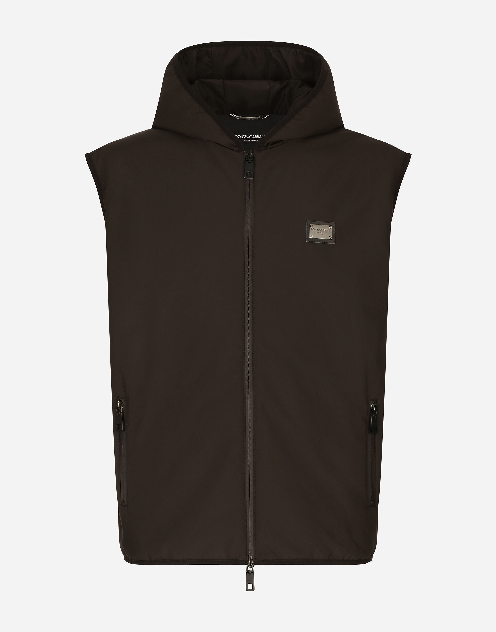 Dolce & Gabbana Nylon vest with hood and branded tag Black G036CTFUSXS