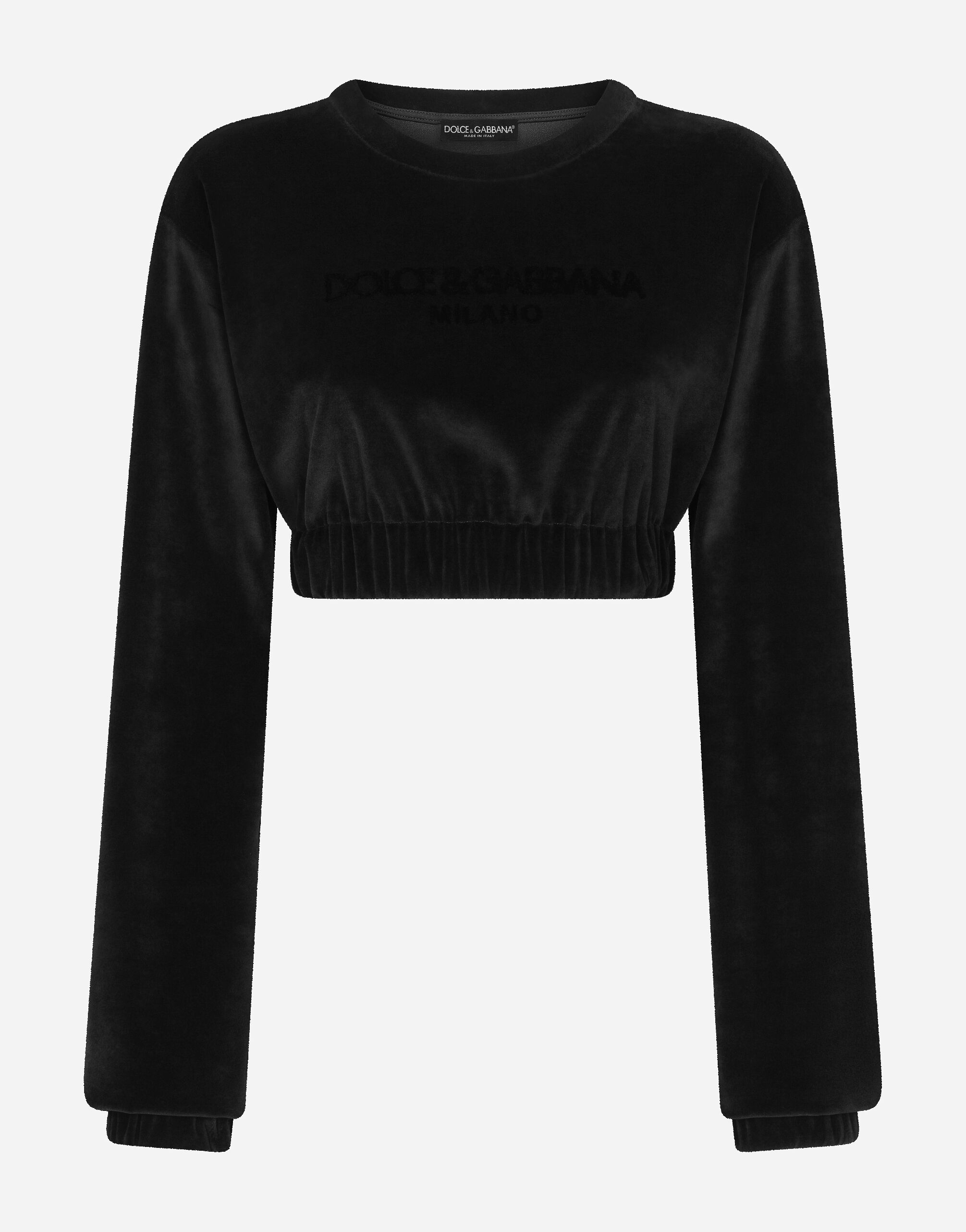 Dolce & Gabbana Kurzes Sweatshirt aus Chenille mit Fransenstickerei Weiss F8T00ZGDCBT