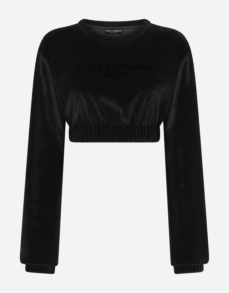 Dolce&Gabbana Cropped chenille sweatshirt with carpet-stitch embroidery Black F9R30ZGDBZU