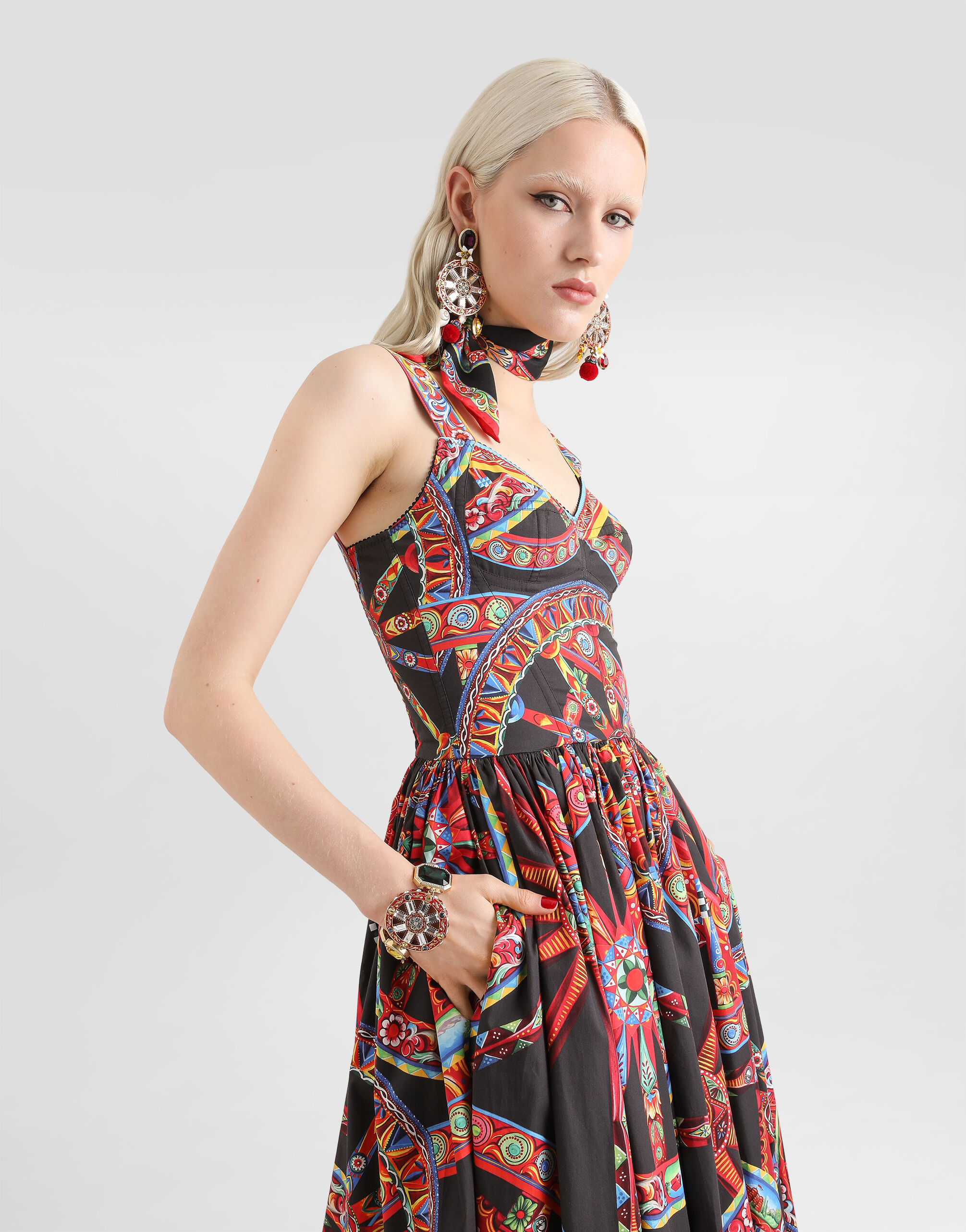 Carretto-print poplin dress in Multicolor for Women