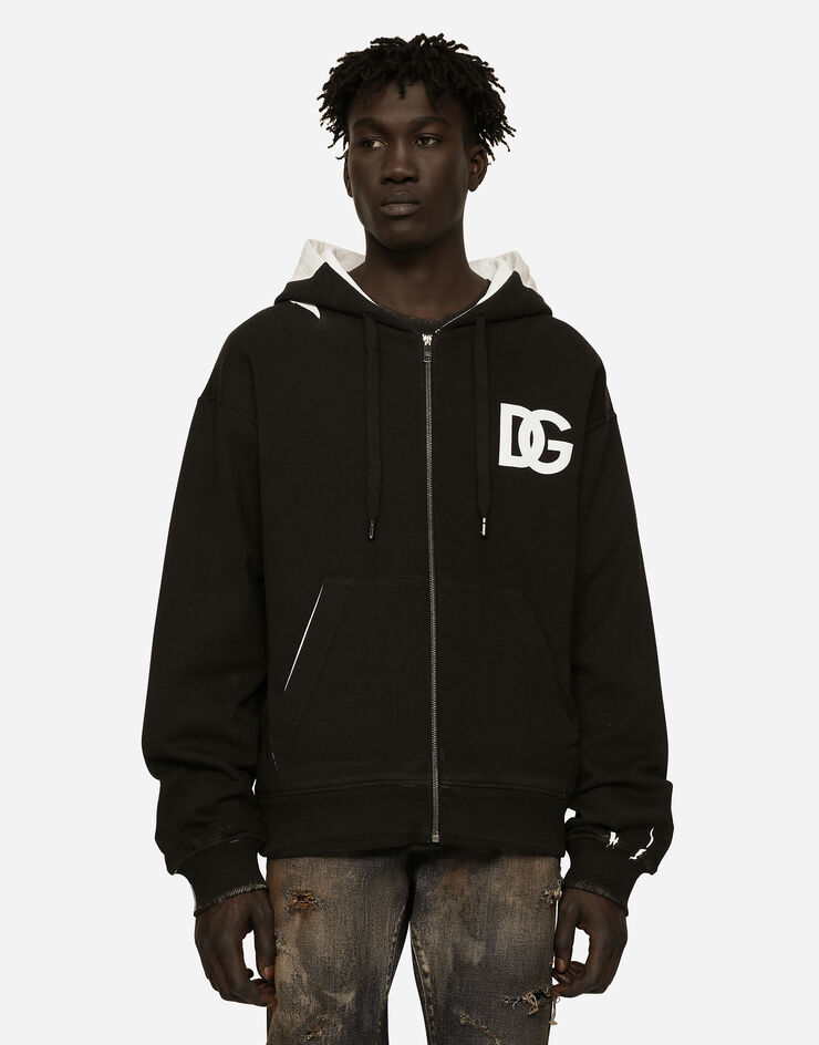 Dolce&Gabbana Felpa jersey cappuccio e zip stampa logo DG Nero G9AIYTG7JJ7