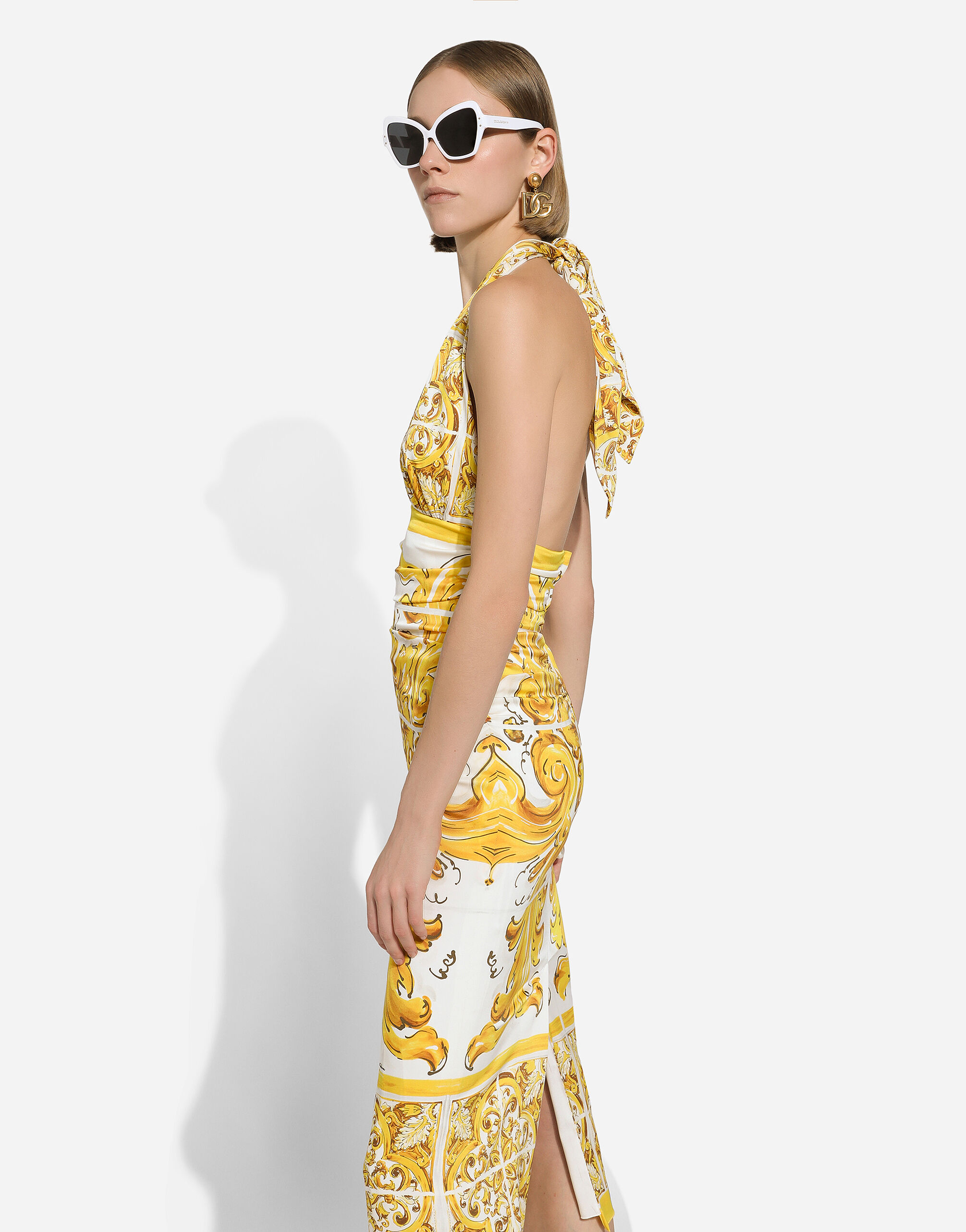 Midi dress with corset bodice in majolica-print silk