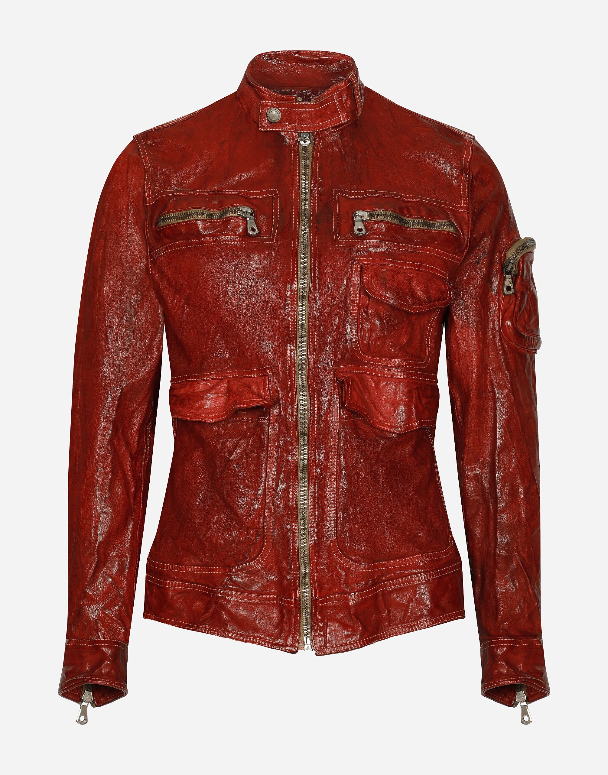 Dolce & Gabbana Multi-pocket washed leather jacket Brown GV1FXTHUMG4