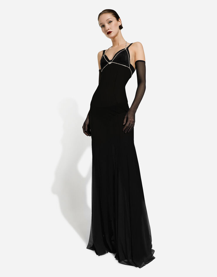 Dolce&Gabbana Langes Slip Dress aus Tüll Schwarz F6DCMTFLREY