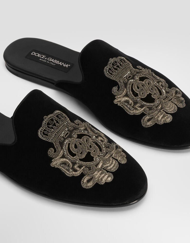 Dolce & Gabbana Velvet slippers with coat of arms embroidery Black A80310AO249