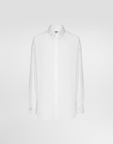 Dolce & Gabbana Long-sleeved cotton shirt with embroidered collar White F5N86ZFU5GK