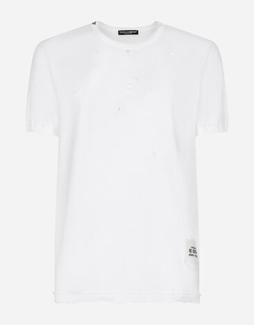 Dolce&Gabbana T-Shirt aus Baumwolle mit Rissen Blau GW3JATFUFJR