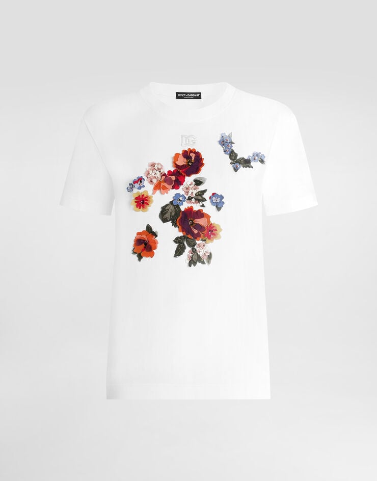 Dolce & Gabbana T-shirt en jersey avec patch de fleurs White F8V42ZGDDL2