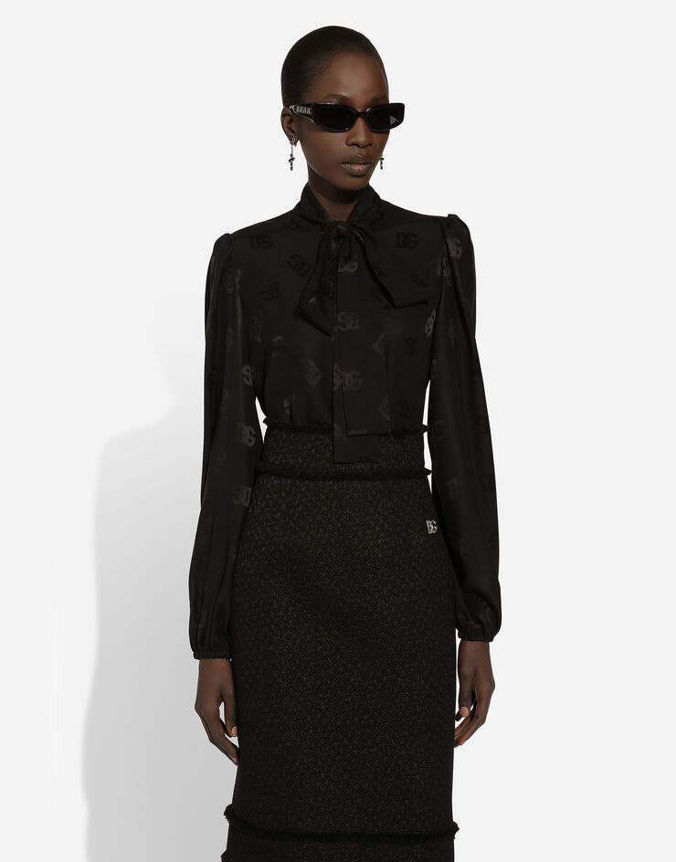 Dolce & Gabbana Silk jacquard shirt with all-over DG logo Black F5Q44TFJ1JO