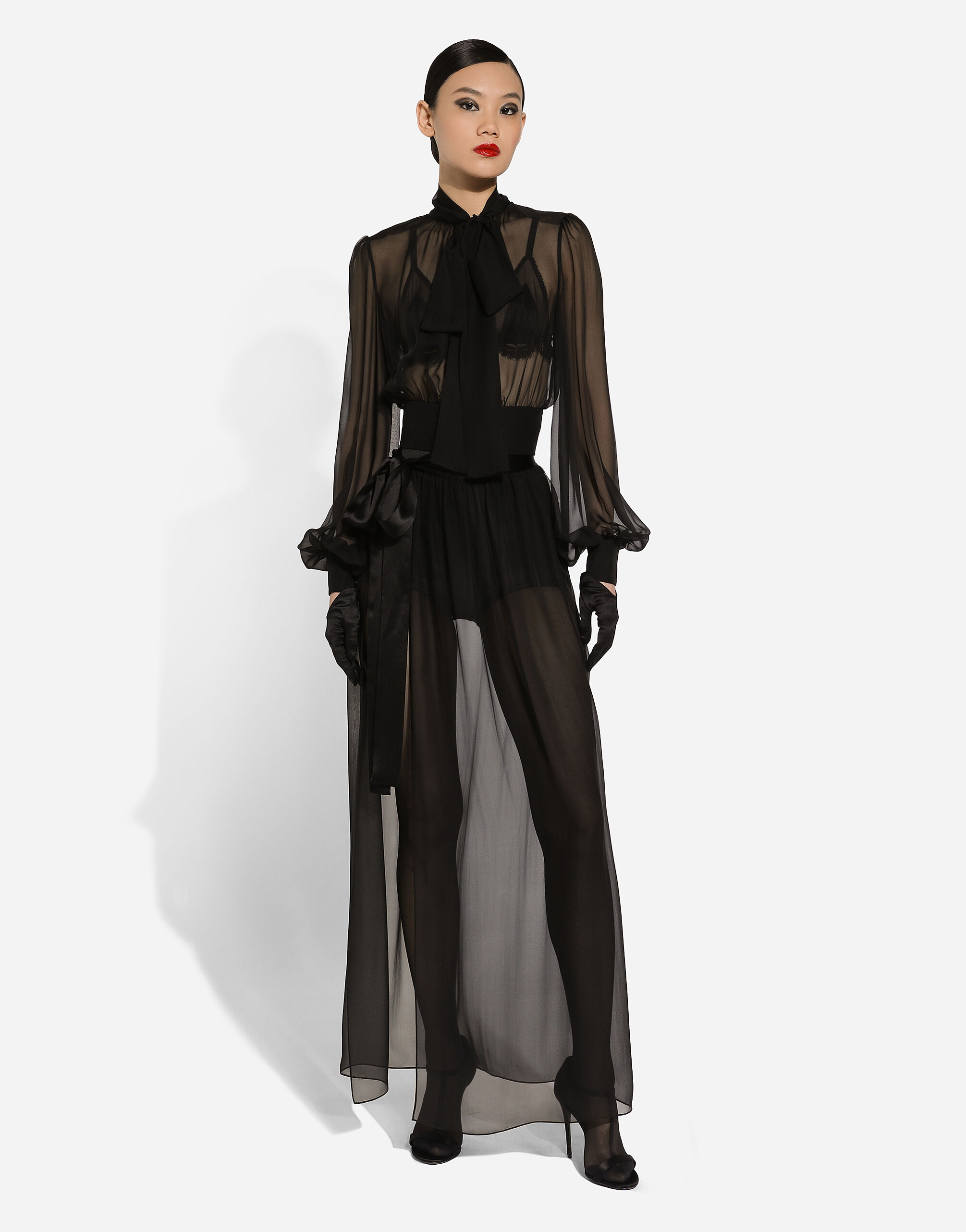 Gonna lunga in chiffon di seta con cintura in Nero da Donna Dolce Gabbana