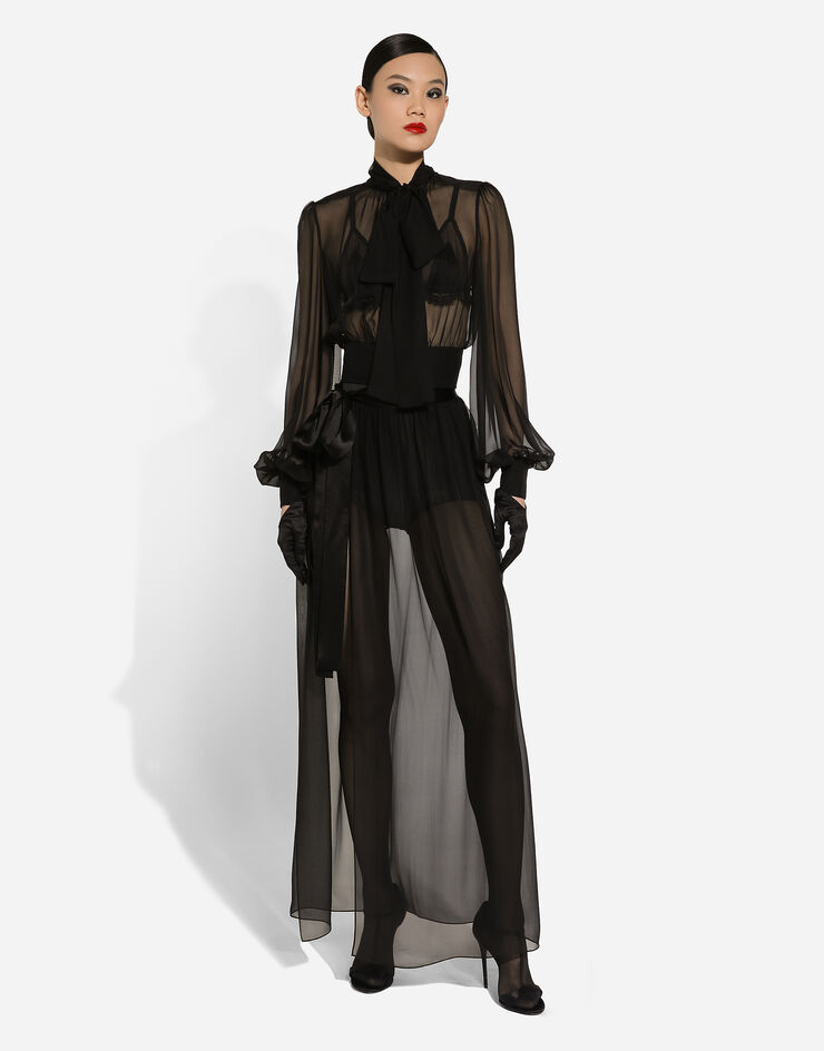 Dolce & Gabbana Falda larga en chifón de seda con cinturón Negro F4C0ATFU1AT