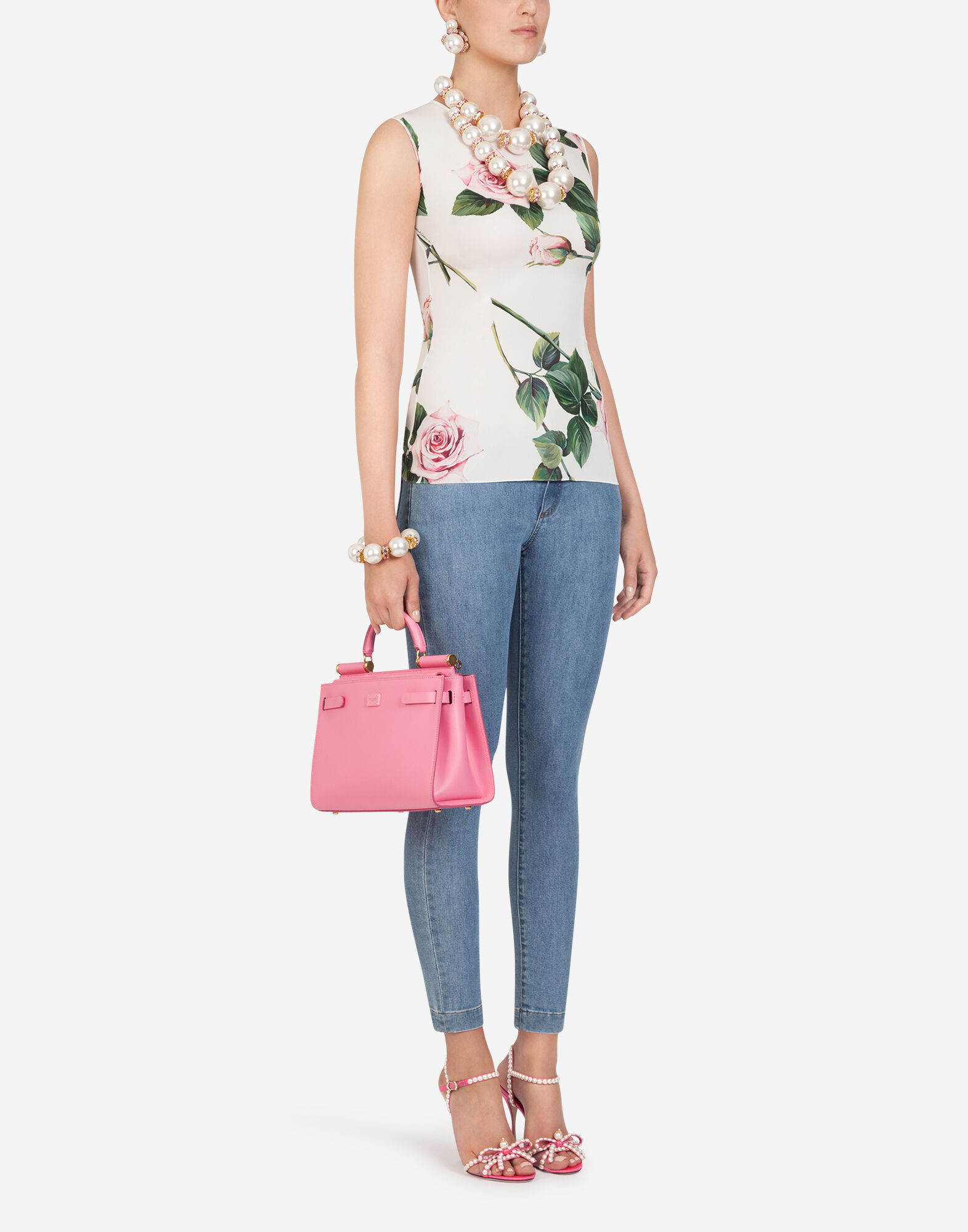 SLEEVELESS TROPICAL ROSE PRINT CHARMEUSE TOP