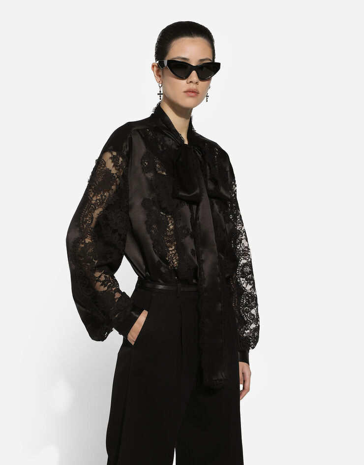Dolce & Gabbana Oversize silk satin and lace shirt Black F5S44TFU1AU