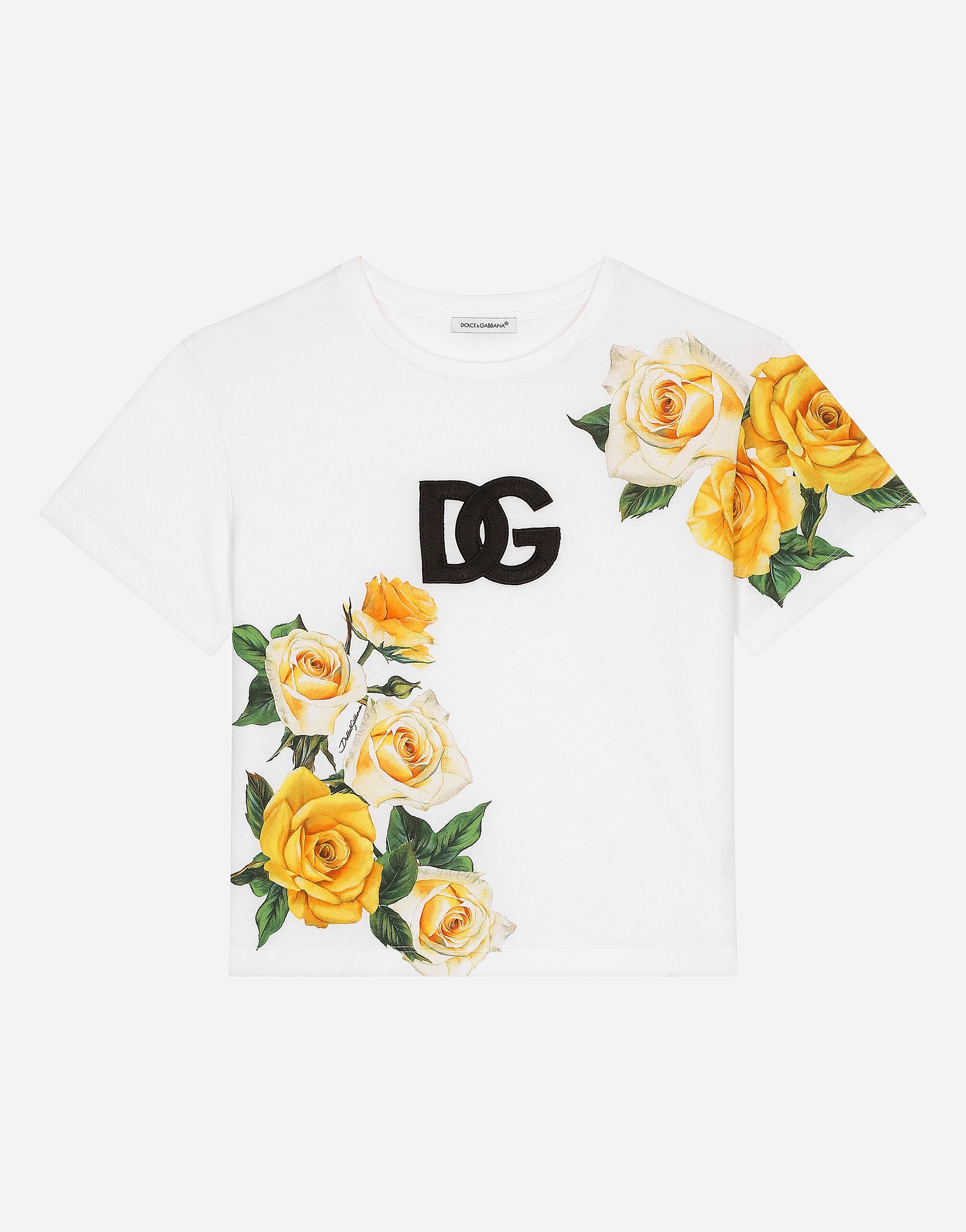 Dolce & Gabbana Jersey T-shirt with yellow rose print and DG logo White EB0003A1067