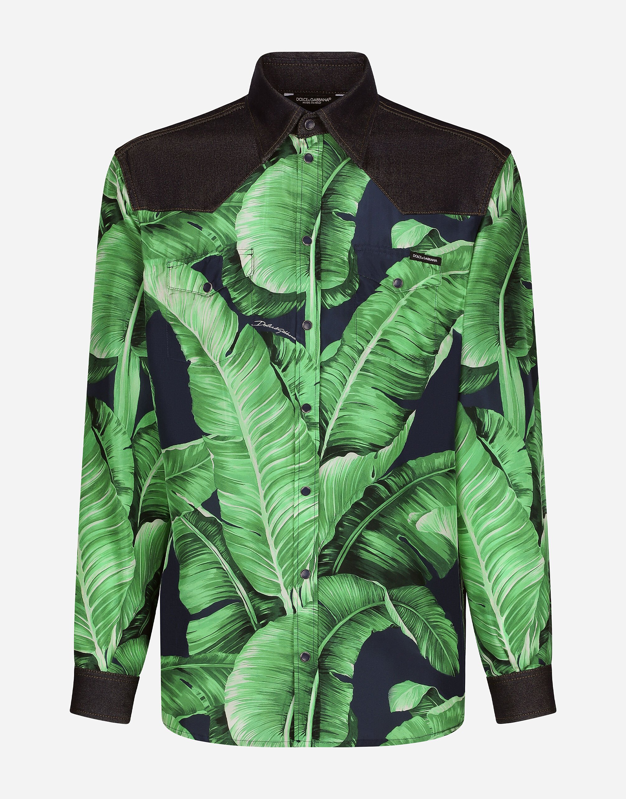 Dolce & Gabbana Hemd aus Stretchdenim und Seide Bananenbaum-Print Print G5IF1THI1QA