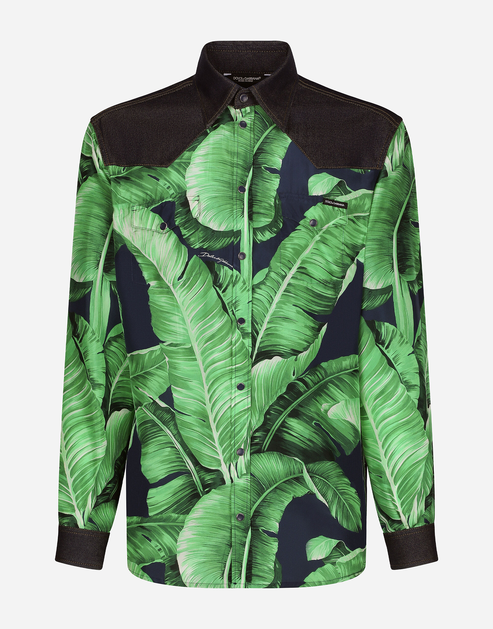 Dolce & Gabbana Silk and stretch denim shirt with banana tree print Print G5IF1THI1Q9