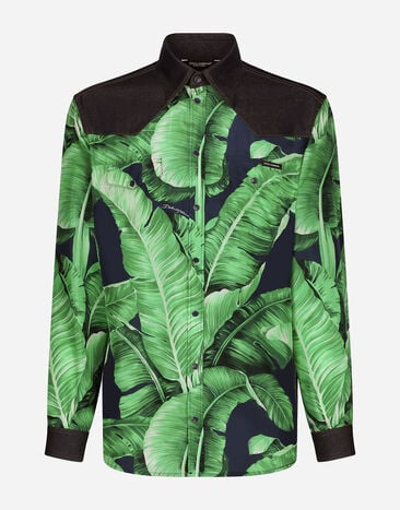 Dolce & Gabbana Silk and stretch denim shirt with banana tree print Multicolor G5LZ9ZG8LD3