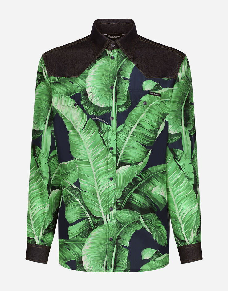 Dolce & Gabbana قميص من الحرير والدنيم المرن بطبعة شجرة موز يضعط G5LI1DG8KD2