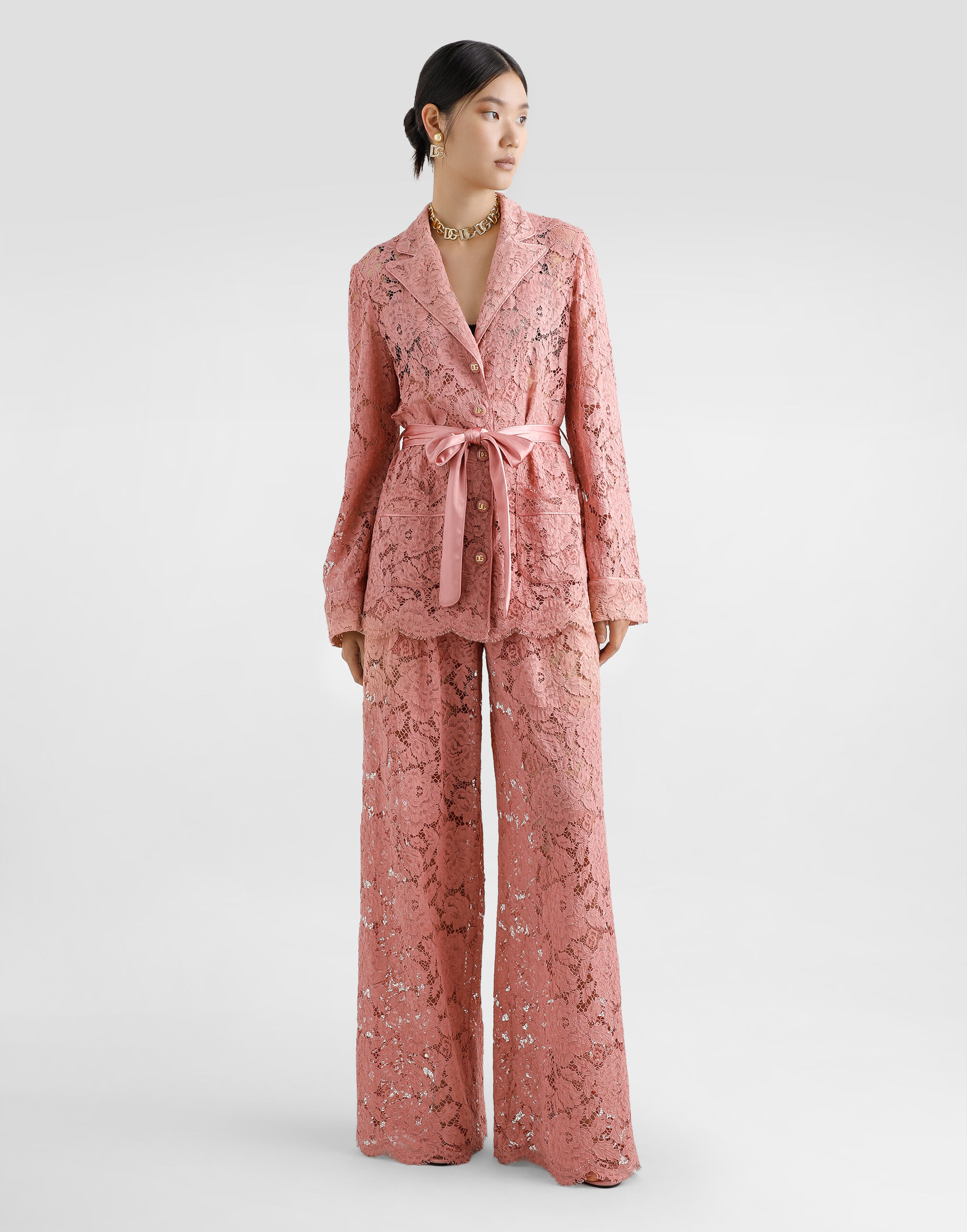 Floral cordonetto lace pajama shirt with DG logo in Pink for Women
