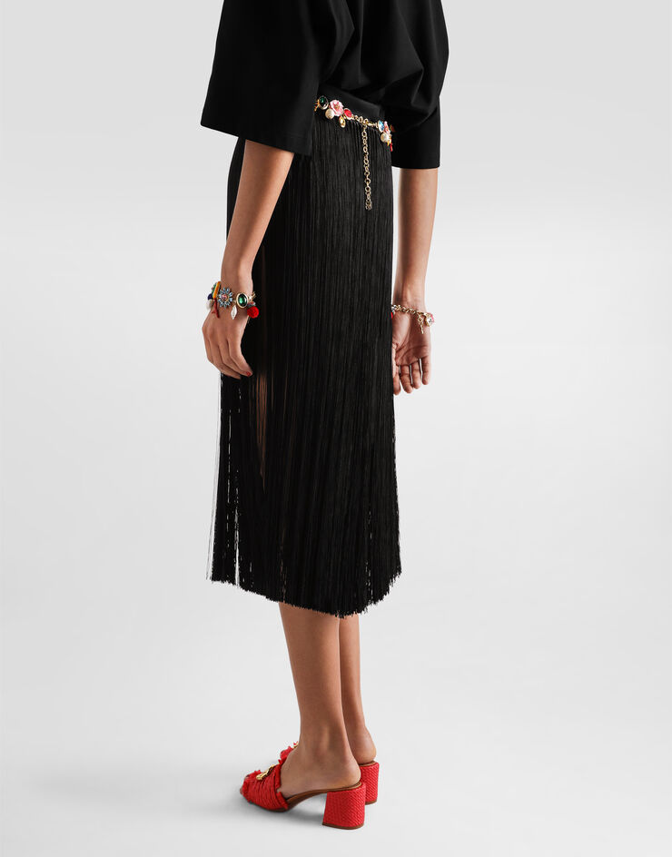 Dolce & Gabbana Long fringed skirt in satin Black F4DGATGDDZX
