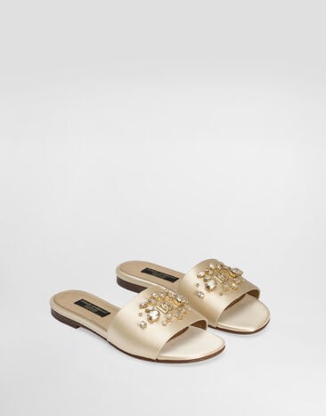 Dolce & Gabbana Flat satin sliders with embroidery and DG logo Gold D11325AY696