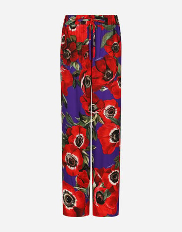 Dolce & Gabbana Ausgestellte Hose aus Charmeuse Anemonen-Print Drucken FTC63THI1BE