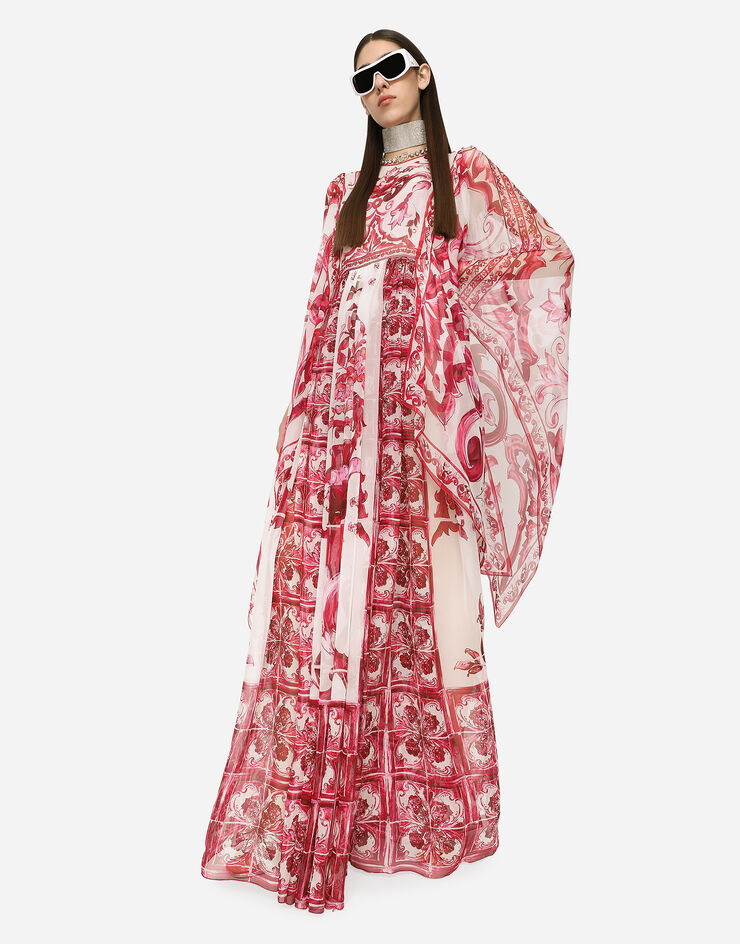 Dolce&Gabbana Langes Kleid aus Chiffon Majolika-Print Mehrfarbig F6ADQTHI1BR