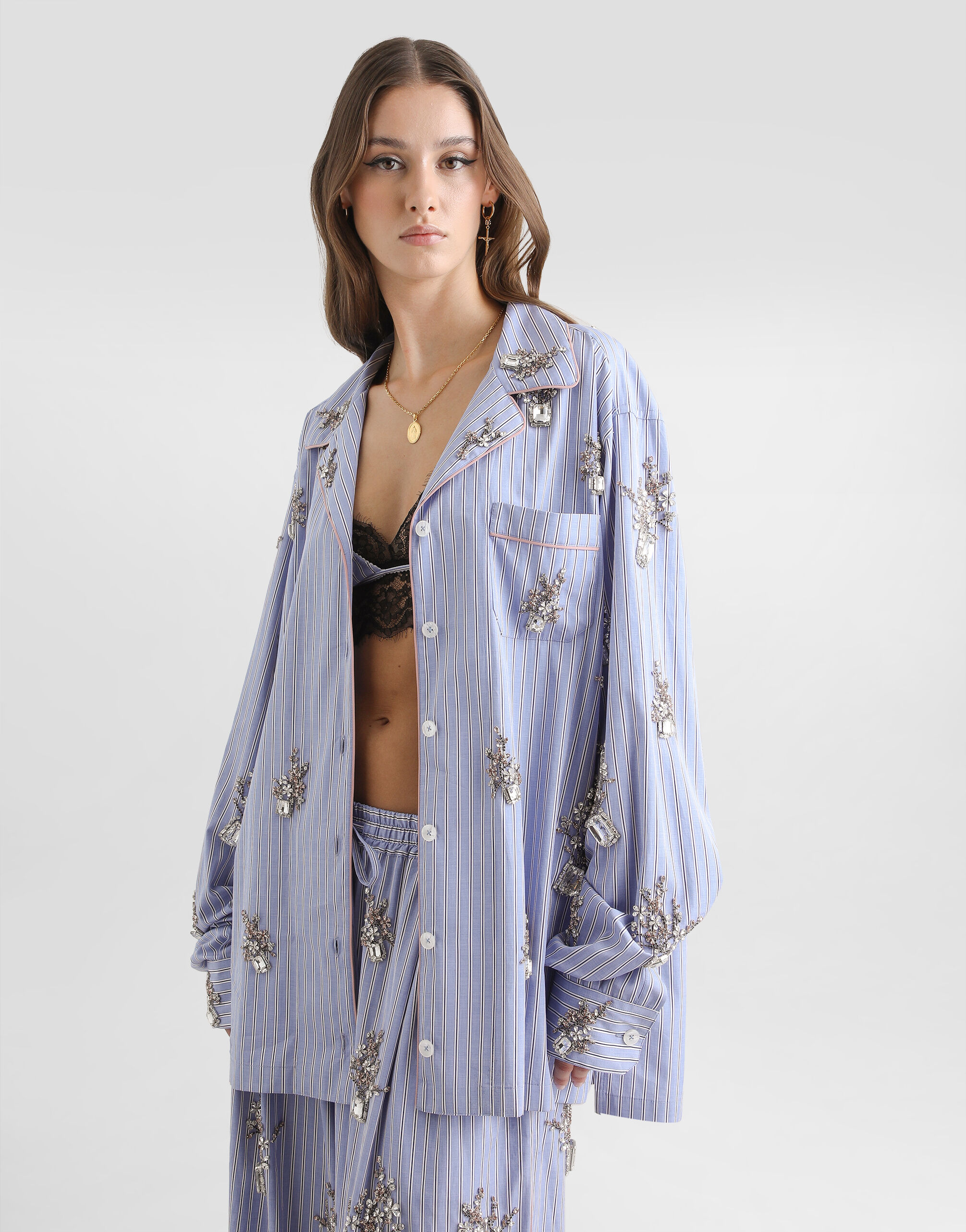 Cotton shirt with crystal flower embroidery in Multicolor for