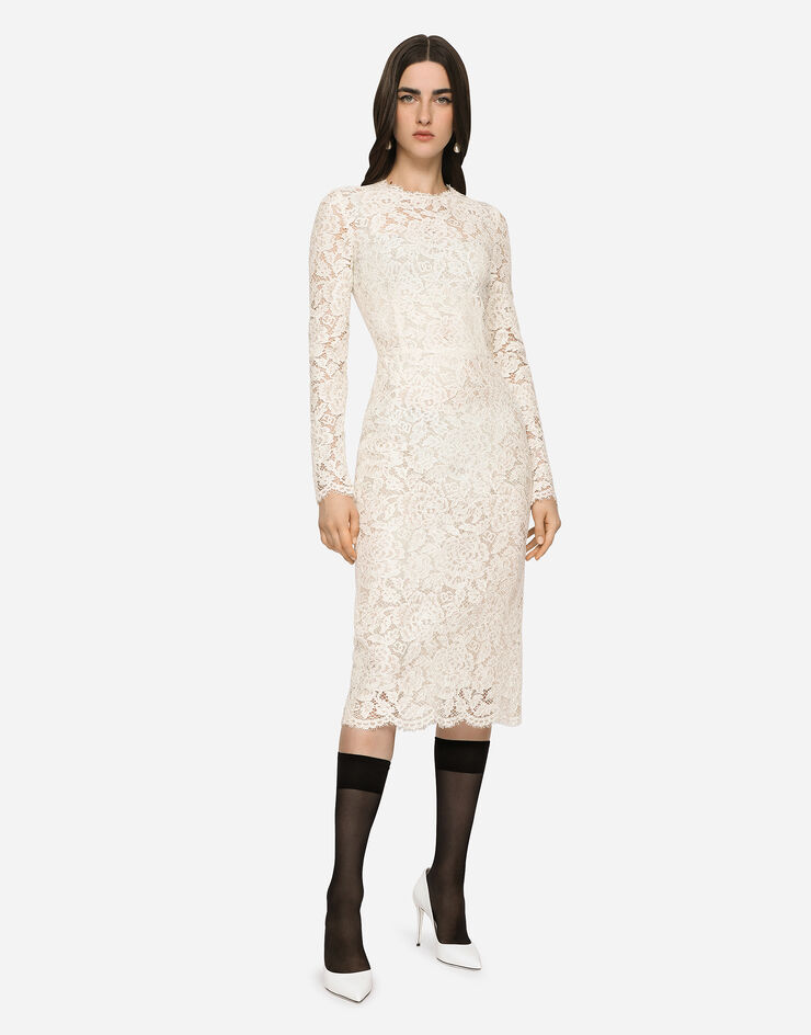 Dolce & Gabbana Long-sleeved branded stretch lace dress White F6M0DTFLRE1