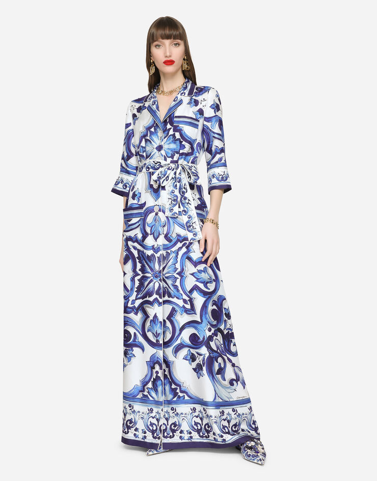Dolce & Gabbana Langes Hemdblusenkleid aus Twill Majolika-Print Mehrfarbig F0AH2THI1BD