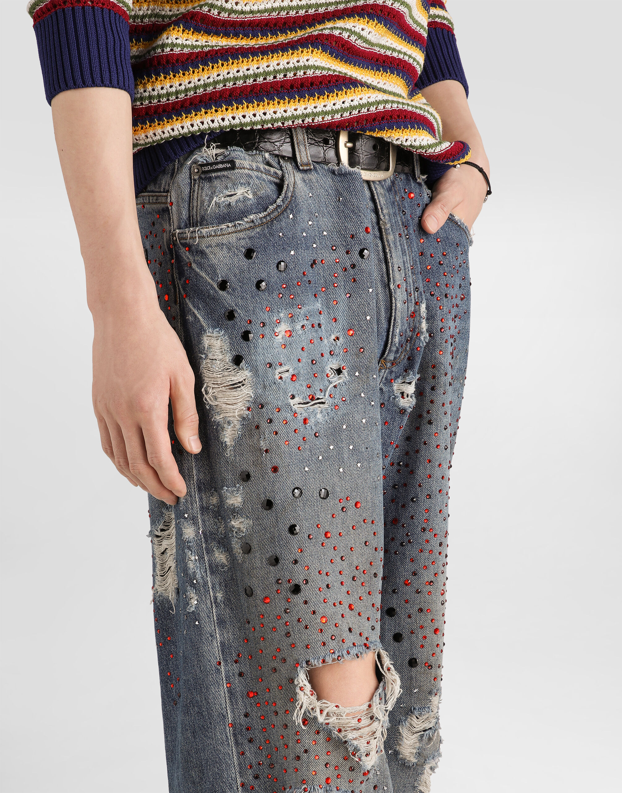 Denim trousers with rhinestones in Multicolor for Men | Dolce&Gabbana®
